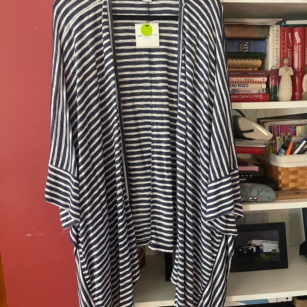 Liz Claiborne Navy and White Striped Draped Open Cardigan